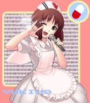  \m/ apron brown_eyes brown_hair hagiwara_yukiho idolmaster idolmaster_(classic) idolmaster_1 jinroku macross macross_frontier maid_fairy_tale microphone nurse one_eye_closed parody seikan_hikou short_hair solo 