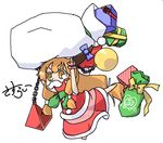  blush_stickers chain chibi fake_facial_hair fake_mustache gift horns ibuki_suika orange_hair ribbon santa_costume sasurai solo touhou 