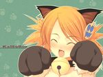  animal_ears bell bell_collar cat_ears cat_paws closed_eyes collar fang non-web_source paws red_hair sasamori_karin short_hair smile solo to_heart_2 twintails 