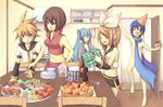  3girls aki-t aqua_hair bad_id bad_pixiv_id blue_scarf convenient_censoring everyone food gift hat hatsune_miku kagamine_len kagamine_rin kaito meiko midriff multiple_boys multiple_girls naked_scarf nude party_hat scarf staring vocaloid 