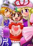  blonde_hair blush brown_eyes brown_hair chen fang hat heart heart_hands heart_hands_trio highres long_sleeves multiple_girls pillow_hat purple_eyes ribbon sasuke_(sasuke_no_sato) scarf short_hair tassel touhou wide_sleeves yakumo_ran yakumo_yukari yellow_eyes 