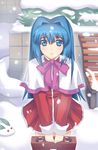  bag blue_eyes blue_hair kaizeru kanon long_hair minase_nayuki red_skirt school_bag school_uniform skirt snow snow_bunny solo 