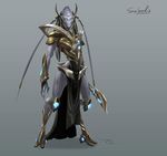  androgynous armor artist_request digitigrade female full_body gradient gradient_background head_ornament headgear hips mouthless ornate_armor protoss purple selendis solo standing starcraft tentacle_hair 