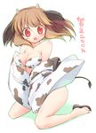  animal_ears animal_print bare_shoulders bikini blush breasts brown_hair cleavage cow_ears cow_print cow_tail emurin japanese_clothes kimono kneeling large_breasts original red_eyes solo swimsuit tail translated 