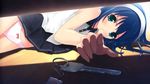  blue_hair bow bow_panties green_eyes hairband hands kantoku key lying non-web_source original panties pleated_skirt reaching skirt solo underwear 