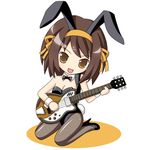  animal_ears brown_eyes brown_hair bunny_ears bunnysuit chibi guitar hairband instrument kaizeru lowres orange_hairband pantyhose solo suzumiya_haruhi suzumiya_haruhi_no_yuuutsu 