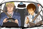  amuro_ray artist_request blonde_hair brown_hair car car_interior char's_counterattack char_aznable ground_vehicle gundam male_focus motor_vehicle multiple_boys parody right-hand_drive translated 