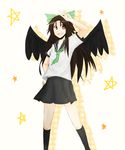  alternate_costume black_hair bow green_bow hair_bow jikasei long_hair reiuji_utsuho school_uniform serafuku solo star touhou v wings 