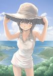  day dress hat ocean original outdoors shiyuu short_hair silver_eyes silver_hair sky solo straw_hat water 