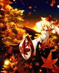  animal_ears autumn detached_sleeves hanada_hyou hat inubashiri_momiji leaf shield solo sword tokin_hat touhou weapon white_hair wolf_ears 