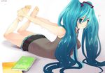  :t arched_back bad_id bad_pixiv_id barefoot blue_eyes blue_hair book duca feet hands_on_feet hatsune_miku holding_own_foot long_hair plantar_flexion skirt solo stretch trembling twintails vocaloid yoga 