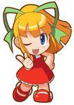  artist_request blonde_hair blue_eyes chibi dress long_hair official_art one_eye_closed pointing ponytail red_dress ribbon rockman rockman_(classic) roll smile solo 