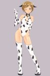  animal_print bad_id bad_pixiv_id brown_eyes brown_hair cow_girl cow_print elbow_gloves em gloves horns leotard one_eye_closed persona persona_4 satonaka_chie short_hair solo thighhighs 