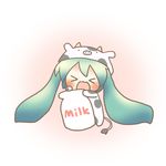  &gt;_&lt; :3 animal_costume animal_print aqua_hair bad_id bad_pixiv_id chibi closed_eyes cow_costume cow_girl cow_print hatsune_miku long_hair milk sakuramori_sumomo solo twintails vocaloid x3 