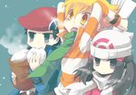  1girl 2boys diamond_(pokemon) food hat hikari_(pokemon) jacket jun koki_(pokemon) multiple_boys pearl_(pokemon) platinum_berlitz pokemon pokemon_special scarf winter 