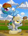  blonde_hair blue_fur cloud cutie_mark derpy_hooves_(mlp) duo engrishman equine female feral friendship_is_magic fur grass grey_fur hair horse long_hair looking_at_viewer lying mammal multi-colored_hair my_little_pony on_back open_mouth outside pegasus pony purple_eyes rainbow_dash_(mlp) rainbow_hair sitting sky smile stick string tongue wings yellow_eyes 