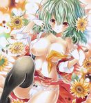  ayuayu bad_id bad_pixiv_id bare_shoulders black_legwear blush breasts cameltoe cleavage collarbone colored_pencil_(medium) flower green_hair hair_flower hair_ornament kazami_yuuka large_breasts leg_up marker_(medium) no_bra off_shoulder open_clothes open_shirt open_vest panties red_eyes ribbon sample shirt skirt skirt_lift solo sunflower thighhighs touhou traditional_media underwear vest white_panties 