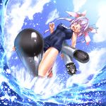  :d barefoot blue_hair breasts cloud covered_nipples day fang head_tilt heart heart-shaped_pupils highres i-19_(kantai_collection) kantai_collection kotatsu_(kotatsu358) large_breasts looking_at_viewer md5_mismatch multicolored_hair one-piece_swimsuit open_mouth pink_eyes pink_hair purple_hair riding school_swimsuit signature sky smile solo swimsuit symbol-shaped_pupils torpedo twintails two-tone_hair water 