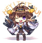  ;d boots brown_hair capura_lin chibi detached_sleeves japanese_clothes kantai_collection kongou_(kantai_collection) long_hair looking_at_viewer nontraditional_miko one_eye_closed open_mouth pleated_skirt purple_eyes skirt smile solo thigh_boots thighhighs wide_sleeves zettai_ryouiki 
