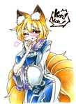  animal_ears blonde_hair blush breasts collarbone colored_pencil_(medium) commentary_request coughing eyelashes fever fox_ears fox_tail gokuu_(acoloredpencil) hand_to_own_mouth highres large_breasts leaning_forward looking_at_viewer multiple_tails no_hat no_headwear one_eye_closed short_hair sick simple_background solo tabard tail tears touhou traditional_media white_background wide_sleeves yakumo_ran yellow_eyes 