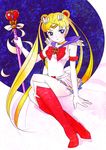  absurdres back_bow bishoujo_senshi_sailor_moon blonde_hair blue_eyes blue_sailor_collar boots bow chiheisen_soraruku full_body highres holding holding_wand long_hair multicolored multicolored_clothes multicolored_skirt red_bow red_footwear sailor_collar sailor_moon sailor_senshi_uniform sitting skirt solo spiral_heart_moon_rod super_sailor_moon tsukino_usagi twintails wand 