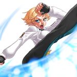  attack blonde_hair blue_eyes breasts energy_blast fingerless_gloves gloves kicking king_(snk) large_breasts open_mouth pants sash shirt short_hair solo takoyaki_neko-san the_king_of_fighters the_king_of_fighters_xiii 