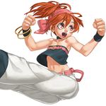  bangle bare_shoulders belt bracelet brown_hair choker clenched_hands earrings flat_chest hairband high_ponytail jewelry jumping long_hair midriff momoko_(king_of_fighters) navel open_mouth pants red_eyes strapless takoyaki_neko-san the_king_of_fighters the_king_of_fighters_xi tubetop wristband 