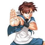  attack bracer brown_eyes brown_hair hood hoodie male_focus muscle shorts sie_kensou solo takoyaki_neko-san the_king_of_fighters the_king_of_fighters_xi upper_body vest 