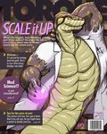  anthro arm_behind_head beverage biceps big_muscles body_markings bottomless brown_skin claws clothing coat english_text flexing green_skin grin looking_at_viewer magazine_cover male markings muscles open_shirt pecs pose pulsar python reptile scales scalie shirt smile snake solo text toned torn_clothing vein yellow_eyes 