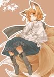 animal_ears blonde_hair blush boots brown_background brown_hair capelet fox_ears fox_tail full_body highres long_sleeves multiple_tails scarf short_hair simple_background skirt solo tail tamahana touhou yakumo_ran yellow_eyes 