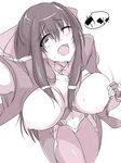  ;d asama_tomo bodysuit bow breasts breasts_outside fingerless_gloves gloves haruhisky highres kyoukaisenjou_no_horizon large_breasts long_hair mole mole_under_mouth monochrome nipples one_eye_closed open_mouth pantyhose reaching_out self_shot smile solo sweat viewfinder 