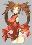  1girl artist_name bare_shoulders brown_eyes brown_hair china_dress chinese_clothes closed_mouth collarbone commentary_request dated detached_sleeves dress eyebrows_visible_through_hair grey_background guilty_gear guilty_gear_xrd hair_ornament hair_rings hairclip kuradoberi_jam long_hair long_sleeves looking_at_viewer red_dress signature simple_background skin_tight skirt smile solo taut_clothes taut_dress very_long_hair wide_sleeves zaki_(narashigeo) 