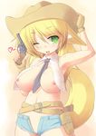  1girl animal_ears belt blonde_hair blush breasts clitoris_slip cowboy_hat female green_eyes gun hat holster kourourin long_hair looking_at_viewer necktie nipples open_clothes open_mouth open_shirt original pussy_peek shirt smile solo standing tail weapon wink 