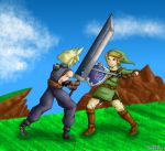  2boys battle blonde_hair blue_eyes boots buster_sword chainmail cloud_strife death_battle fighting final_fantasy final_fantasy_vii full_body gloves green_shirt hat link male_focus master_sword multiple_boys nintendo pointy_ears shield shirt spiked_hair super_smash_bros. sword tagme the_legend_of_zelda tunic weapon zipper_footwear 