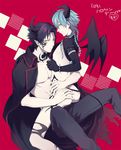  arm_around_neck arms_around_waist ass bad_id bad_pixiv_id black_gloves black_hair blue_hair bracelet braid clothed_male_nude_male demon_boy demon_tail demon_wings dramatical_murder earrings elbow_gloves facial_mark gloves horns incubus jacket_on_shoulders jewelry looking_at_viewer male_focus mogi_(green_tea_planet) multiple_boys multiple_braids nipples nude pants profile red_background ren_(dramatical_murder) seragaki_aoba shirtless sitting sitting_on_lap sitting_on_person smile spiked_bracelet spikes straddling tail tattoo toned toned_male torn_clothes upright_straddle wings yaoi yellow_eyes 