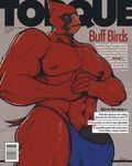  anthro avian beak biceps big_muscles big_penis bird black_penis bulge chest_tuft english_text feathers fur green_eyes half-erect huge_penis hyper magazine_cover male muscles nipples pecs penis pose presenting pulsar pulsar_(character) red_body red_nipples sheath solo standing text thick_penis thing thong toned topless tuft vein 