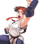  attack belt braid breasts brown_eyes brown_hair clenched_hands dougi fingerless_gloves gloves headband long_hair medium_breasts open_mouth single_braid solo spandex takoyaki_neko-san the_king_of_fighters the_king_of_fighters_xi upper_body uppercut yuri_sakazaki 