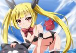  all_fours bikini bin1998 blazblue blonde_hair bow cat demon gii long_hair nago ocean rachel_alucard red_bow red_eyes solo swimsuit twintails very_long_hair water 