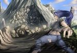  ass bad_id bad_tumblr_id blue_hair breasts denim jeans large_breasts midriff mountain original pants purple_eyes rope shimenawa shirt solo t-shirt torn_clothes torn_jeans torn_pants whistle_frog 