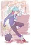  belt boots dog dramatical_murder fingerless_gloves gloves headphones headphones_around_neck jacket long_hair male_focus ren_(dramatical_murder) running seragaki_aoba set_a5o tongue tongue_out 