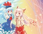  blue_dress blue_hair bow dress floating_hair fujiwara_no_mokou gradient gradient_background haikichi hair_bow hair_ribbon hat kamishirasawa_keine long_hair multiple_girls pink_hair rainbow_background red_eyes ribbon star suspenders touhou tress_ribbon white_hair 