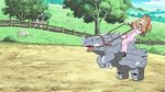  2girls animated animated_gif brown_hair claws fangs female flat_chest forest long_hair mother_(pokemon) mother_and_daughter multiple_girls nature nintendo pokemon pokemon_(game) pokemon_xy rhyhorn riding saki_(pokemon) serena_(pokemon) solo tree 