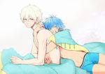  bad_id bad_pixiv_id blanket blue_hair boxer_briefs clear_(dramatical_murder) closed_eyes couple dramatical_murder holding_hands hug hug_from_behind macaroni_(piyo4508) male_focus male_underwear multiple_boys pink_eyes seragaki_aoba shirtless sleepy underwear white_hair yaoi 