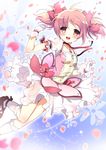  bow bubble_skirt cherry_blossoms gloves kaname_madoka kneehighs kurot magical_girl mahou_shoujo_madoka_magica open_mouth petals pink_eyes pink_hair see-through short_hair short_twintails skirt smile solo twintails white_gloves white_legwear 