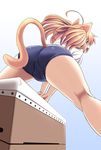  ahoge animal_ears ass blonde_hair blue_eyes blush buruma cat_ears cat_tail from_behind kneepits long_hair open_mouth original pudding_(tonpuu) solo tail tonpuu twintails vaulting_horse 