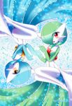  blue_hair blush breasts gardevoir gen_3_pokemon green_hair hair_over_one_eye holding_hands looking_at_viewer medium_breasts no_humans open_mouth pokemon pokemon_(creature) red_eyes shiny_pokemon shiratsuki short_hair smile watermark web_address yellow_eyes 