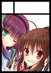  ;) angel_beats! beretta_92 black_border border brown_hair circle_cut company_connection crossover green_eyes gun hairband handgun key_(company) little_busters! long_hair mitsuki_yuu natsume_rin one_eye_closed open_mouth ponytail purple_hair red_eyes school_uniform shinda_sekai_sensen_uniform short_hair smile wavy_mouth weapon yuri_(angel_beats!) 