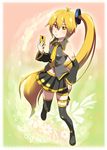  akita_neru blonde_hair boots caffein character_name detached_sleeves highres long_hair navel necktie side_ponytail solo thigh_boots thighhighs vocaloid yellow_eyes yellow_neckwear 