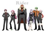  4boys achilles_(fate) astolfo_(fate) fate/apocrypha fate/extra fate/prototype fate/stay_night fate/zero fate_(series) formal francis_drake_(fate) glasses green_hair high_heels jacket long_hair low-tied_long_hair miniskirt multiple_boys multiple_girls pencil_skirt perseus_(fate) pink_hair purple_hair red_hair rider rider_(fate/zero) shimaneko skirt skirt_suit suit very_long_hair 