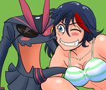  arm_grab black_hair blush bra breasts cleavage grin kill_la_kill large_breasts living_clothes matoi_ryuuko medaman77 multicolored_hair one_eye_closed school_uniform senketsu short_hair skirt smile underwear 